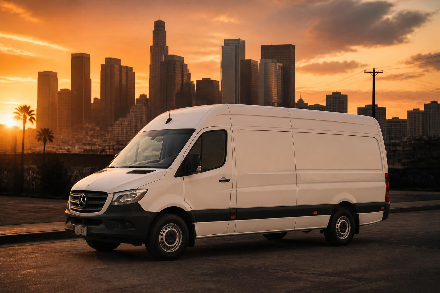 Go Coast Auto mobile repair van at sunset with Los Angeles skyline